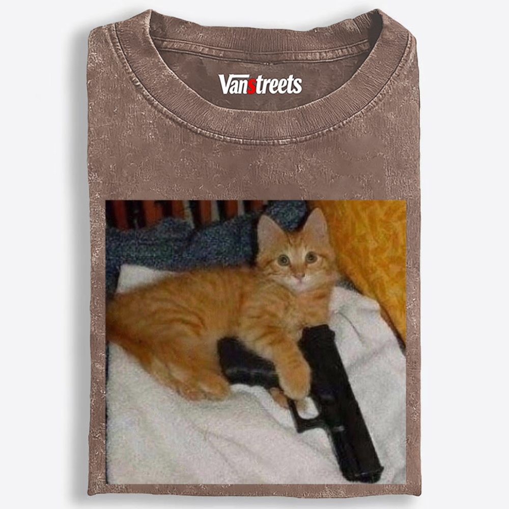 Gun Orange Cat Retro Washed T-Shirt | 100% Cotton | Streetwear Essential