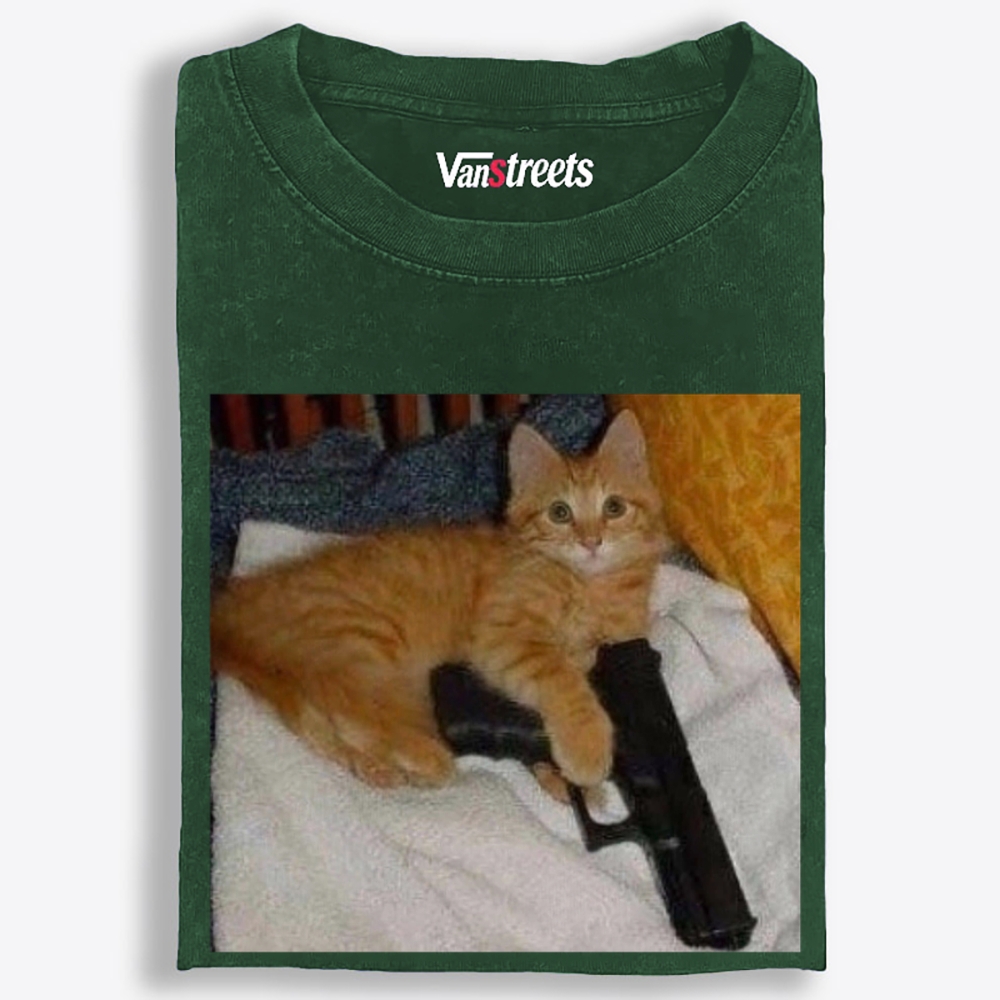Gun Orange Cat Retro Washed T-Shirt | 100% Cotton | Streetwear Essential