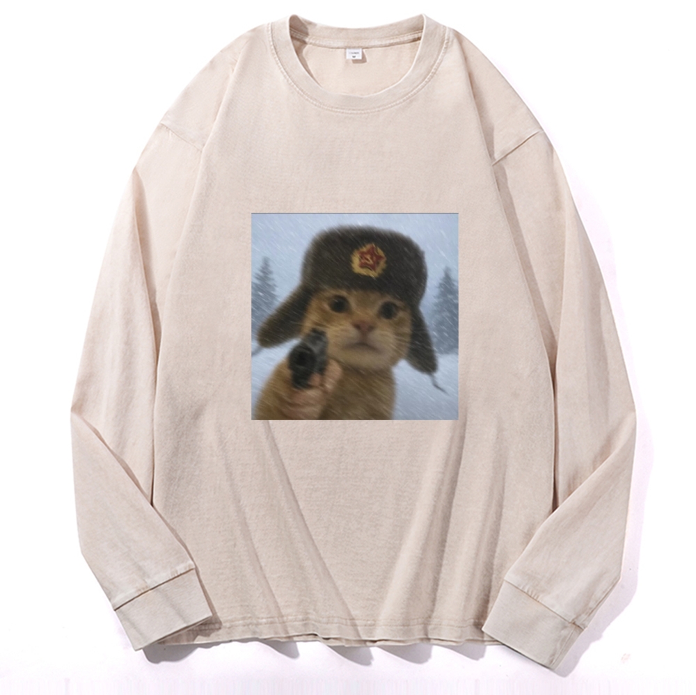 Soviet Ushanka Cat Retro Washed Long Sleeve T-Shirt