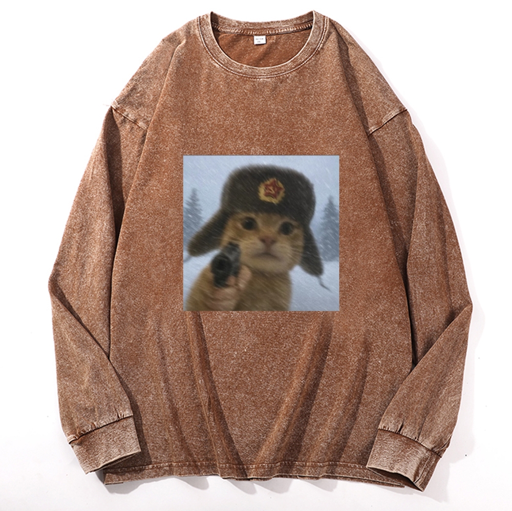 Soviet Ushanka Cat Retro Washed Long Sleeve T-Shirt