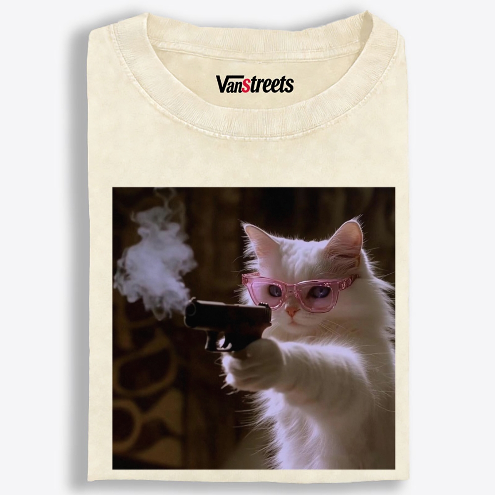 Pink Shades Gun Cat Retro Washed T-Shirt | 100% Cotton | Streetwear Essential