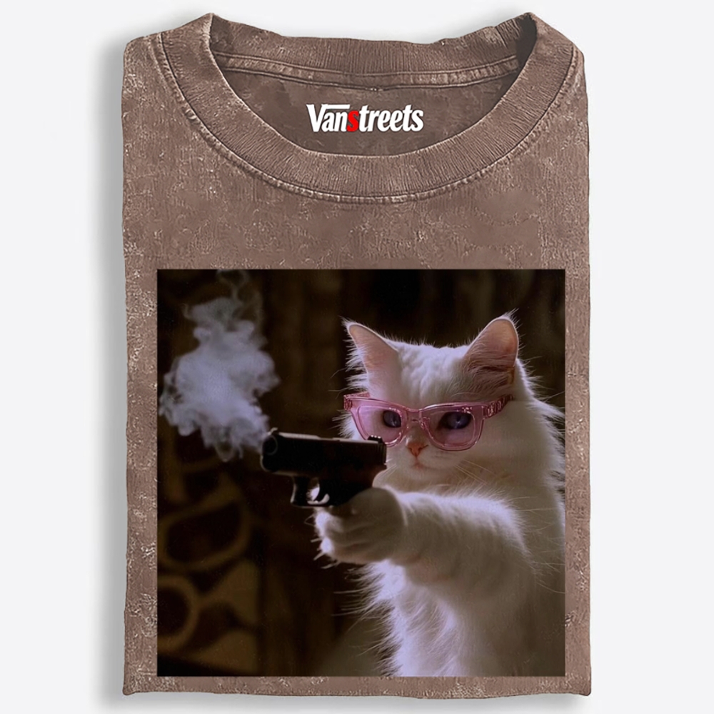 Pink Shades Gun Cat Retro Washed T-Shirt | 100% Cotton | Streetwear Essential