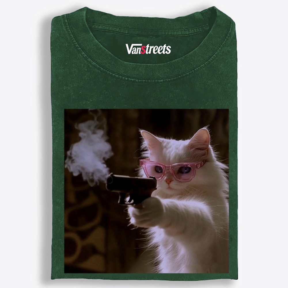 Pink Shades Gun Cat Retro Washed T-Shirt | 100% Cotton | Streetwear Essential