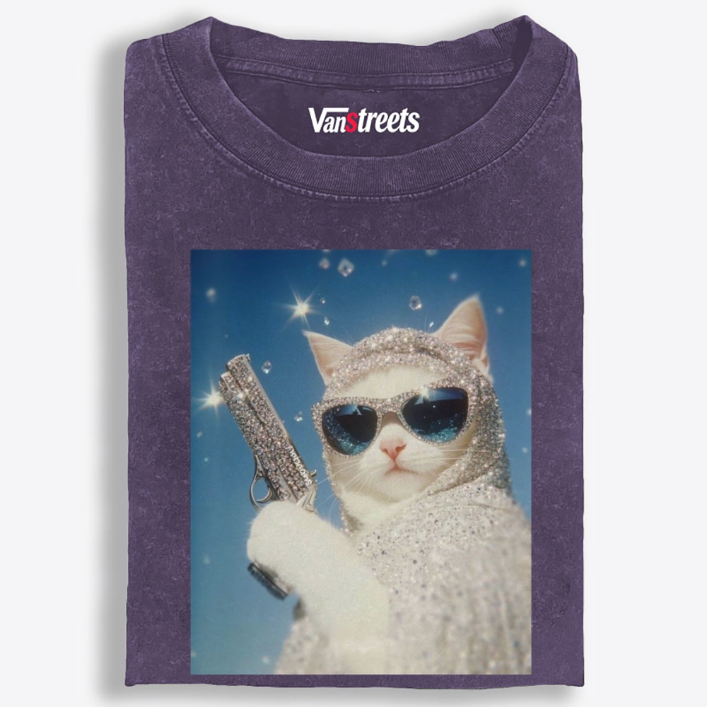 Bling Gun Cat Retro Washed T-Shirt | 100% Cotton | Streetwear Essential