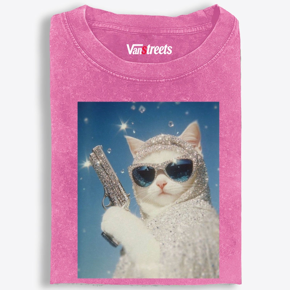Bling Gun Cat Retro Washed T-Shirt | 100% Cotton | Streetwear Essential