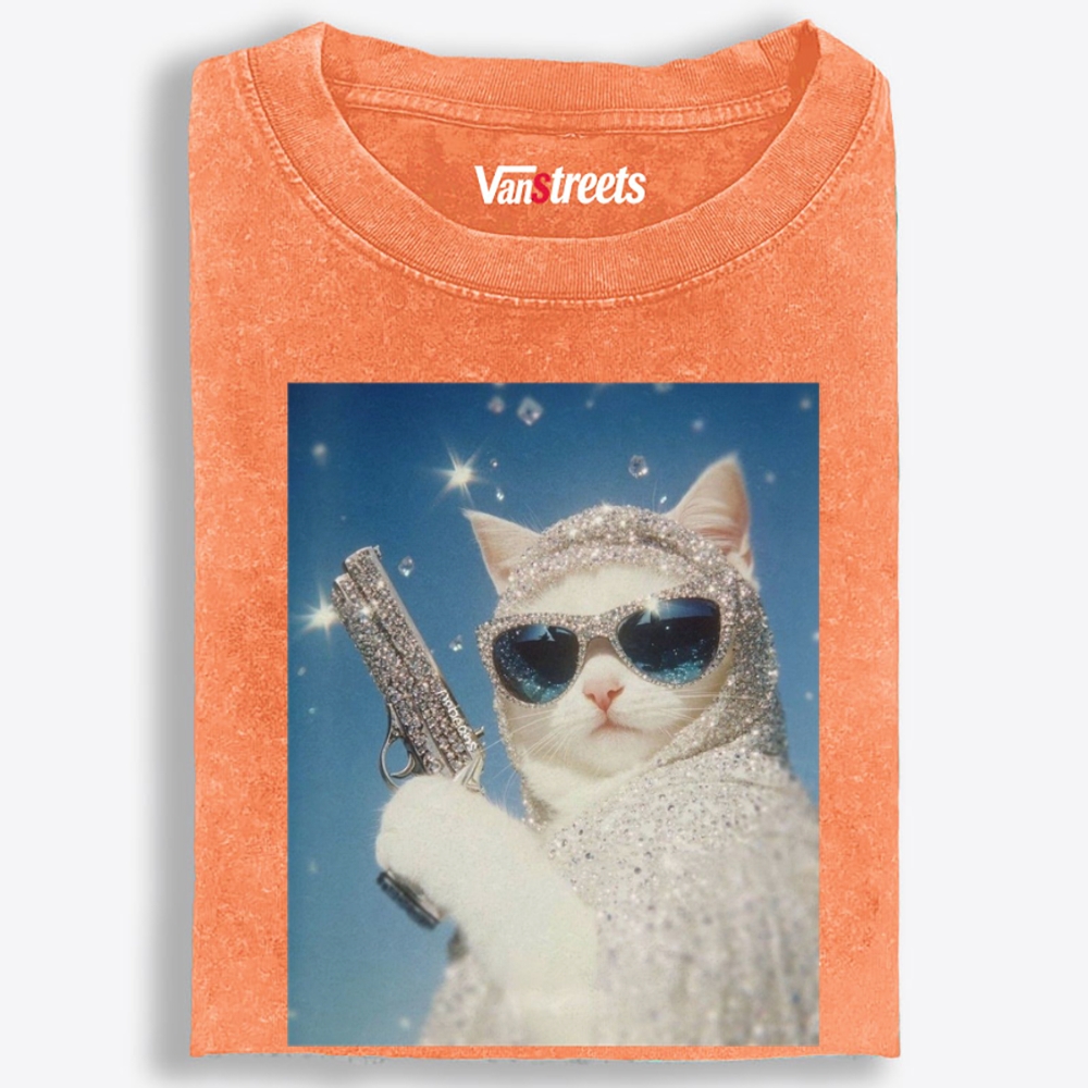 Bling Gun Cat Retro Washed T-Shirt | 100% Cotton | Streetwear Essential