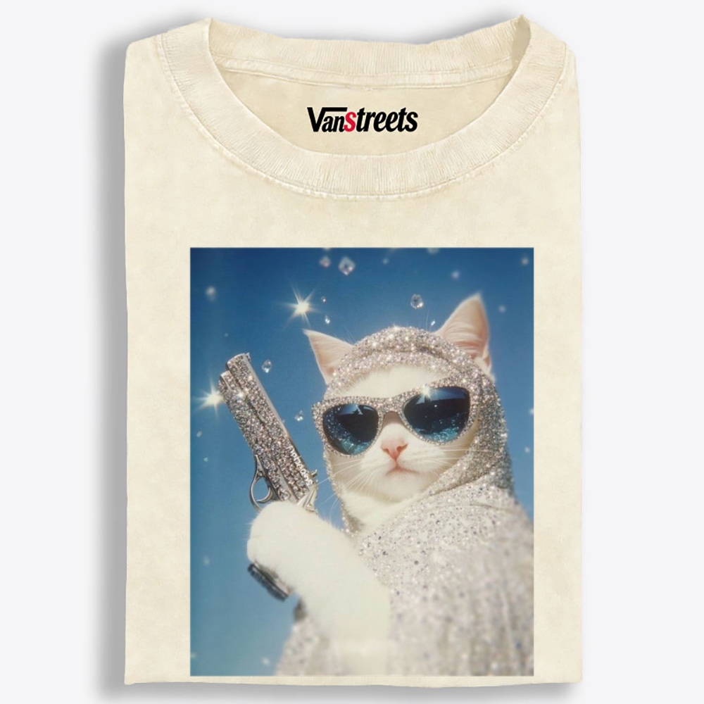 Bling Gun Cat Retro Washed T-Shirt | 100% Cotton | Streetwear Essential