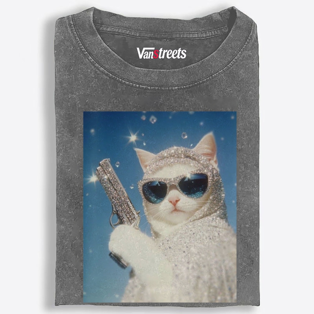 Bling Gun Cat Retro Washed T-Shirt | 100% Cotton | Streetwear Essential