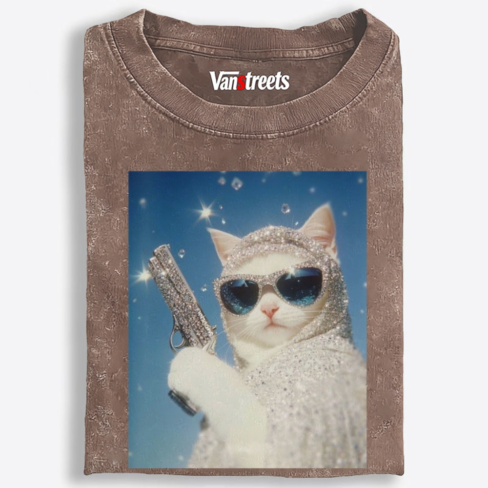 Bling Gun Cat Retro Washed T-Shirt | 100% Cotton | Streetwear Essential
