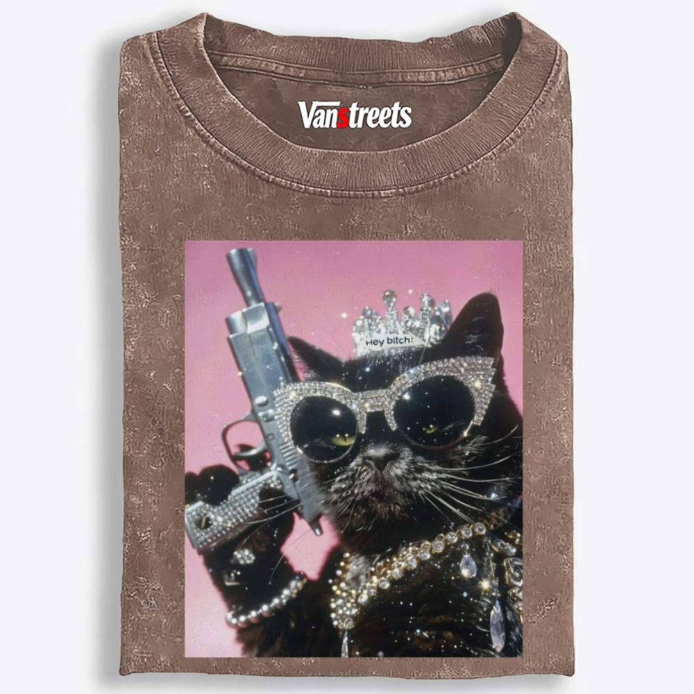 Bling Queen Cat Retro Washed T-Shirt | 100% Cotton | Streetwear Essential