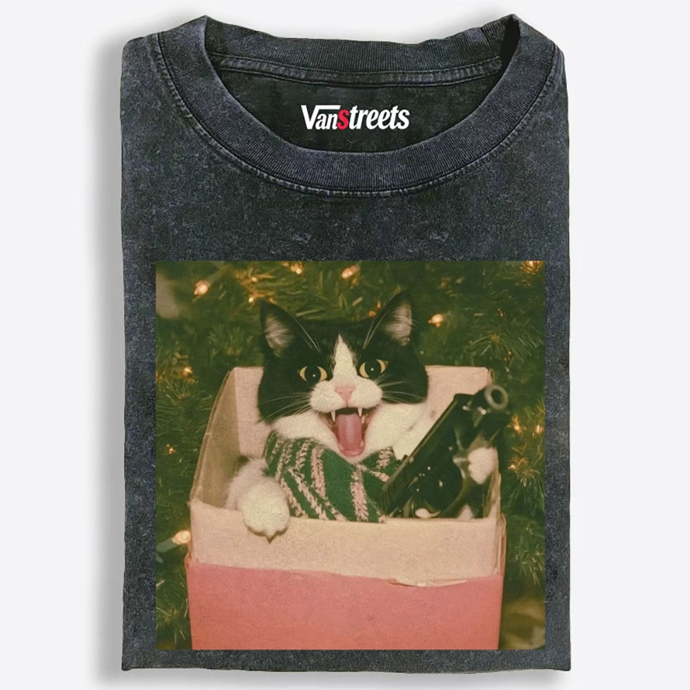 Christmas Gun Cat Retro Washed T-Shirt | 100% Cotton | Streetwear Essential