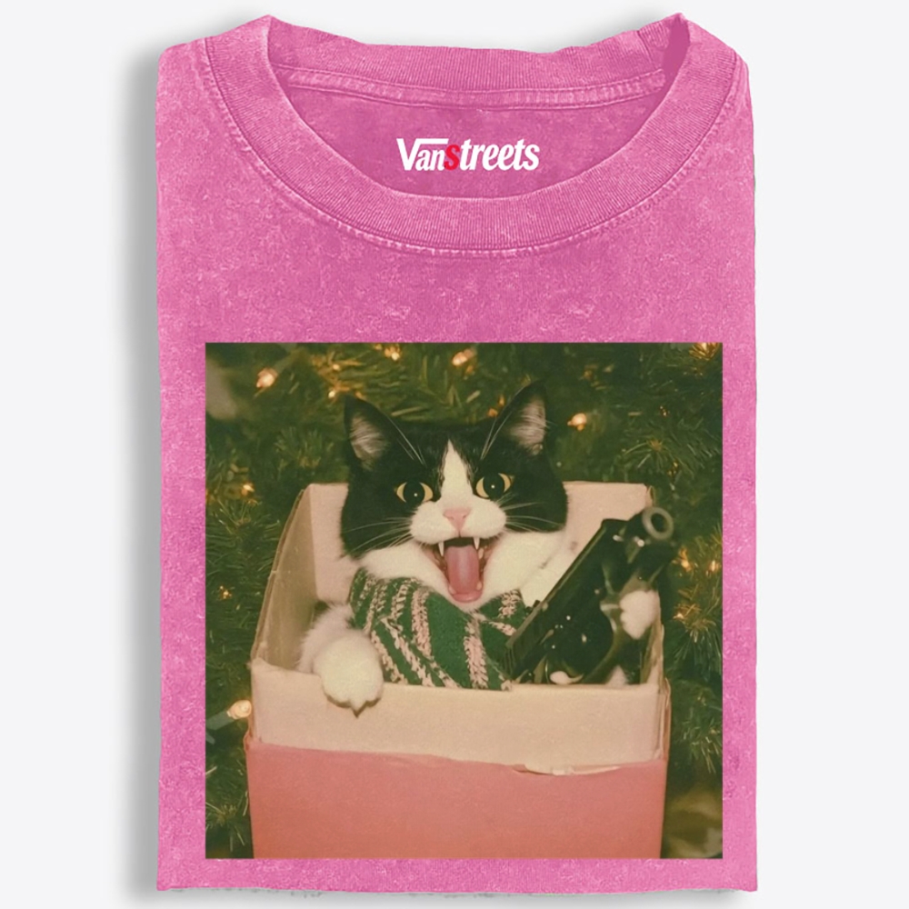 Christmas Gun Cat Retro Washed T-Shirt | 100% Cotton | Streetwear Essential