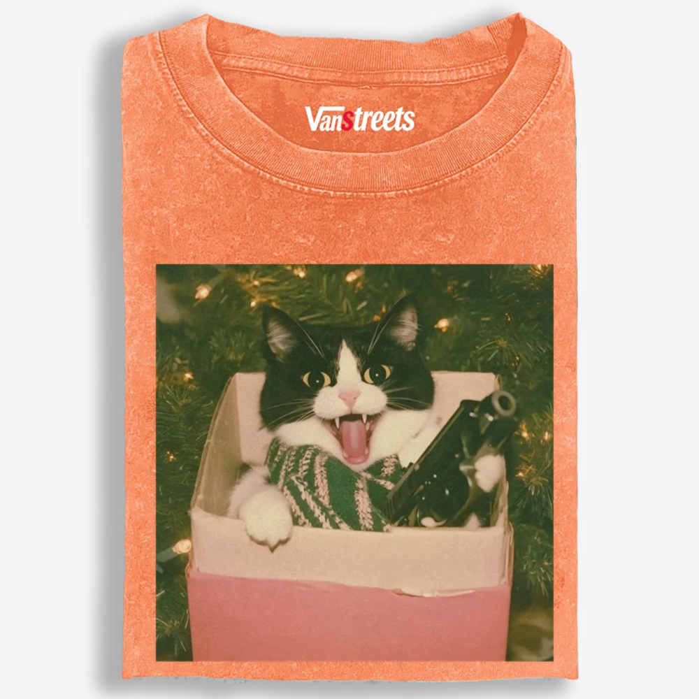 Christmas Gun Cat Retro Washed T-Shirt | 100% Cotton | Streetwear Essential