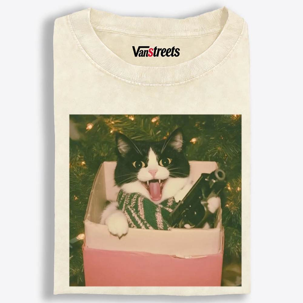 Christmas Gun Cat Retro Washed T-Shirt | 100% Cotton | Streetwear Essential