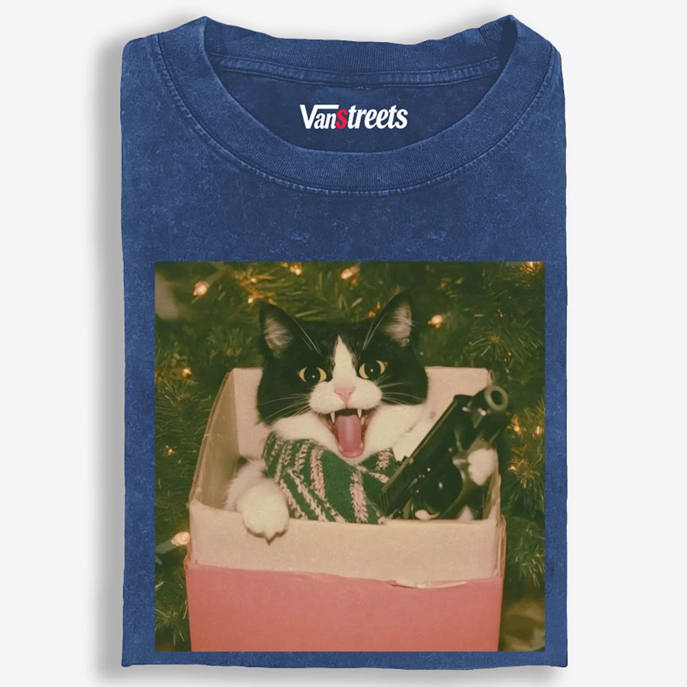 Christmas Gun Cat Retro Washed T-Shirt | 100% Cotton | Streetwear Essential