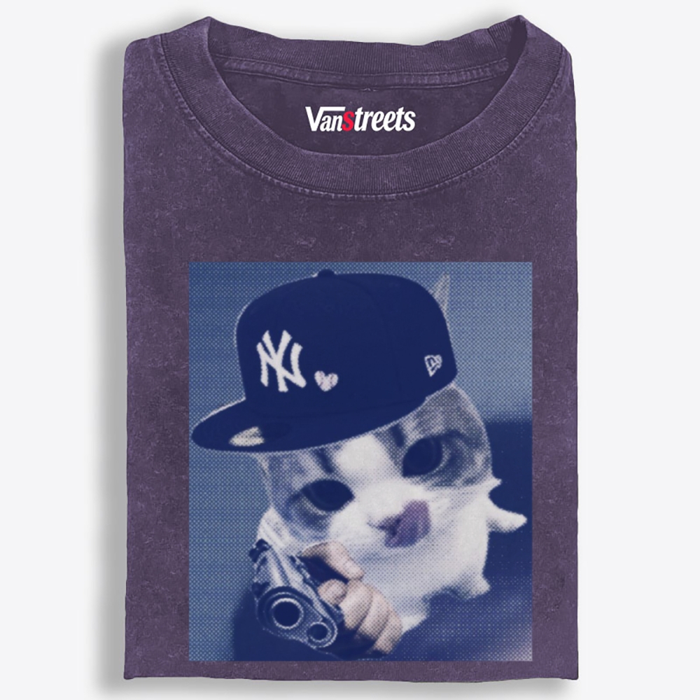 NY Gun Cat Retro Washed T-Shirt | 100% Cotton | Streetwear Essential