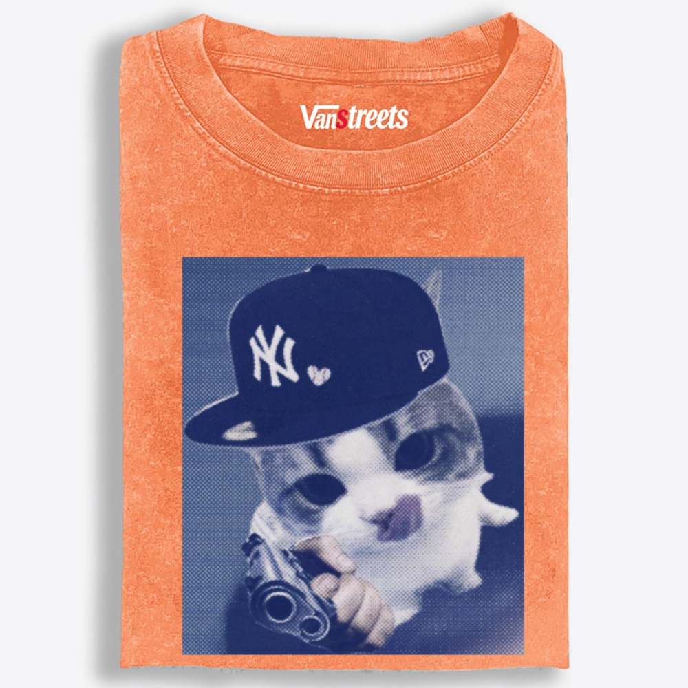 NY Gun Cat Retro Washed T-Shirt | 100% Cotton | Streetwear Essential