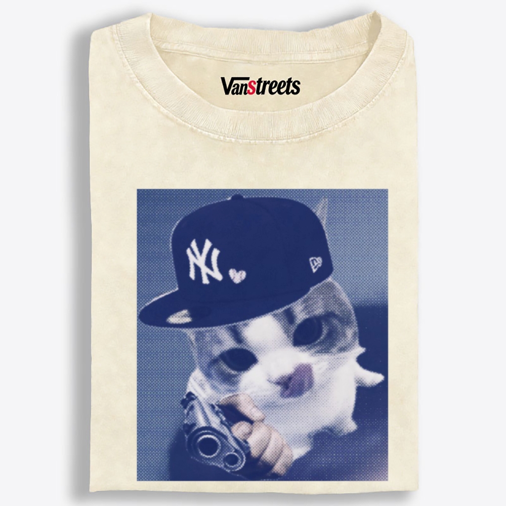 NY Gun Cat Retro Washed T-Shirt | 100% Cotton | Streetwear Essential