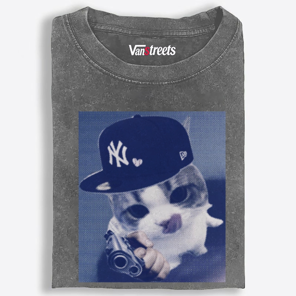 NY Gun Cat Retro Washed T-Shirt | 100% Cotton | Streetwear Essential