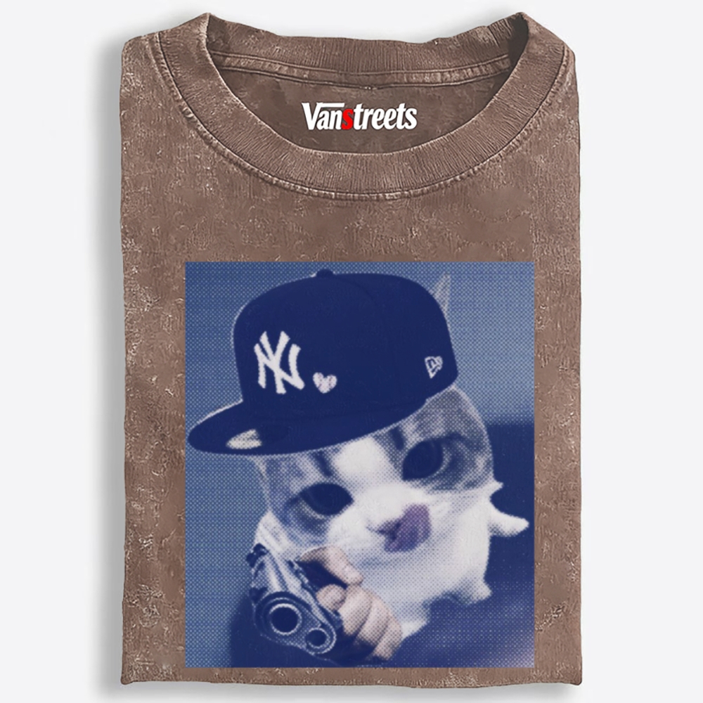 NY Gun Cat Retro Washed T-Shirt | 100% Cotton | Streetwear Essential