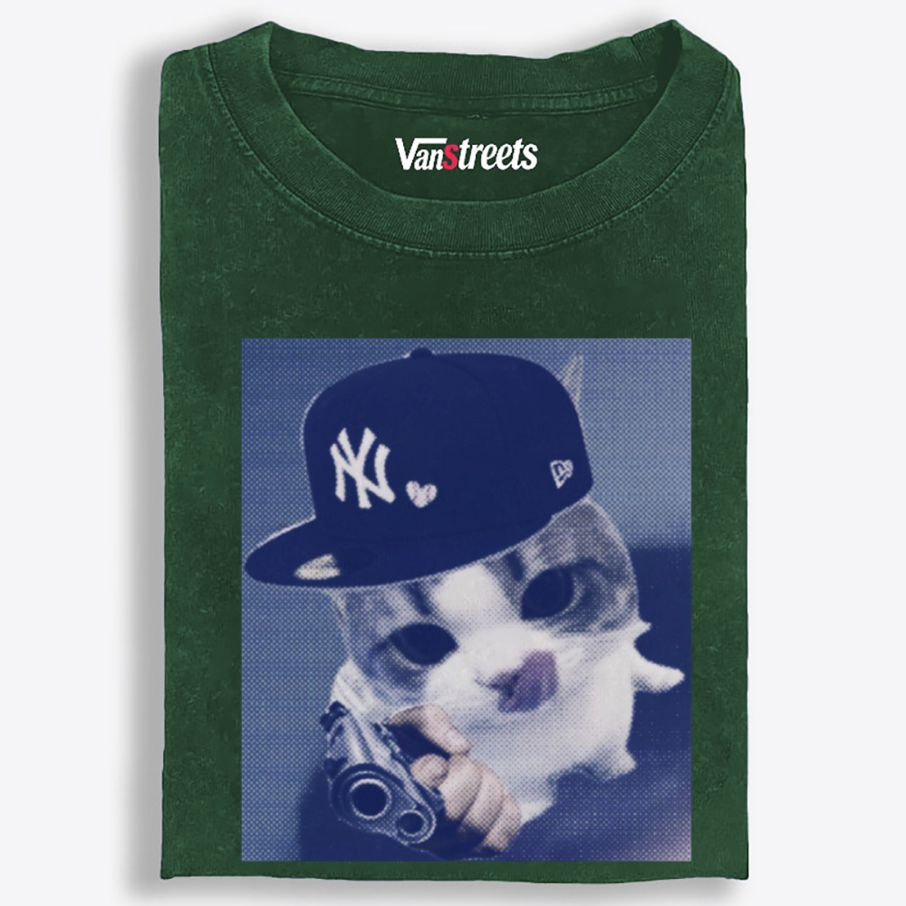 NY Gun Cat Retro Washed T-Shirt | 100% Cotton | Streetwear Essential