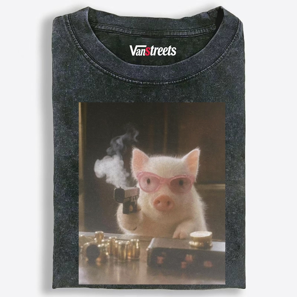 Pink Shades Gun Pig Retro Washed T-Shirt | 100% Cotton | Streetwear Essential