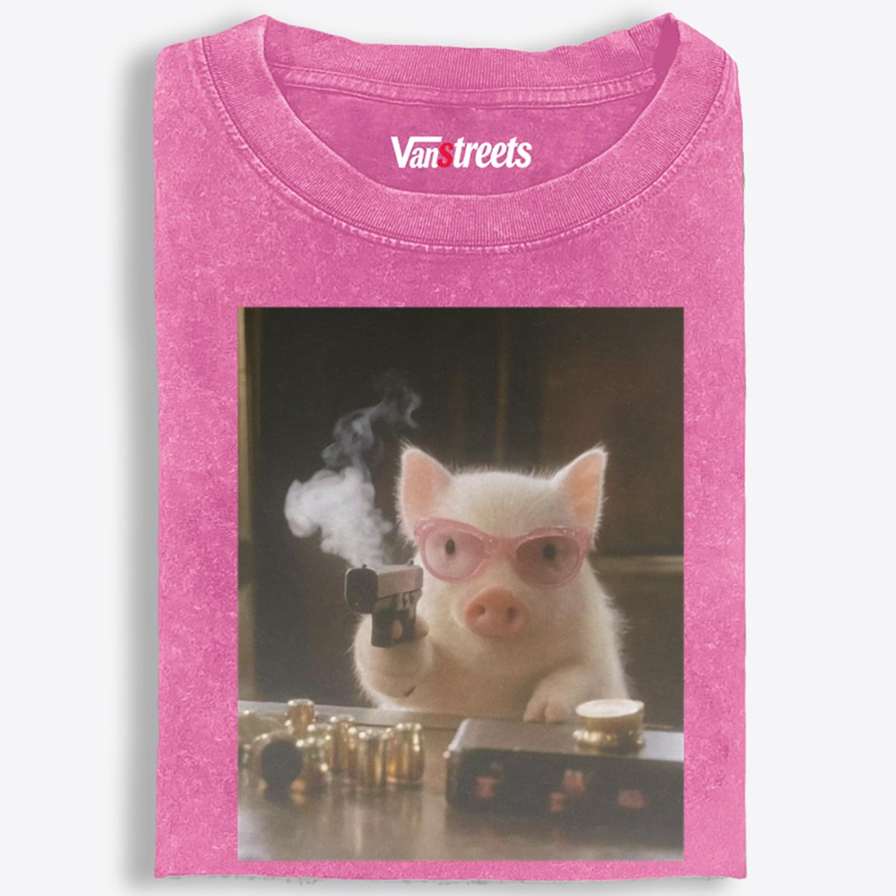Pink Shades Gun Pig Retro Washed T-Shirt | 100% Cotton | Streetwear Essential