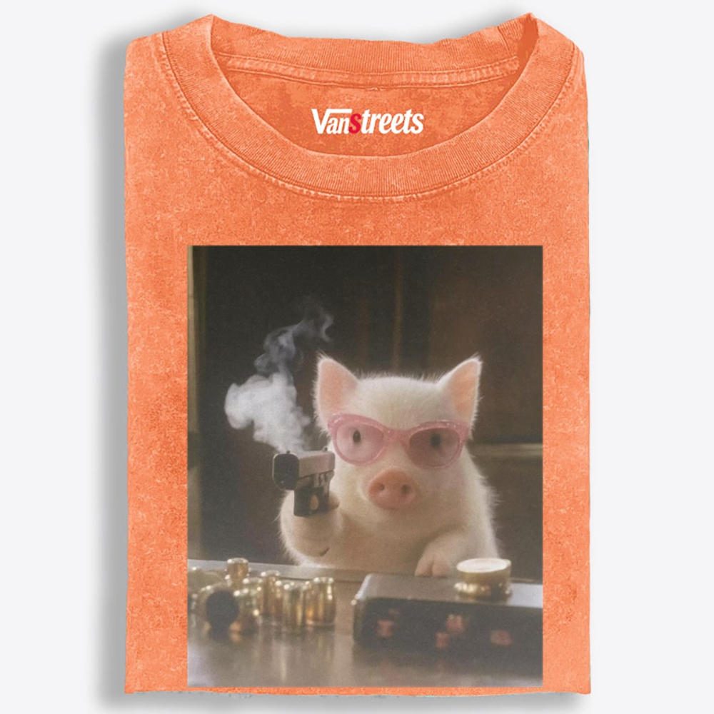 Pink Shades Gun Pig Retro Washed T-Shirt | 100% Cotton | Streetwear Essential