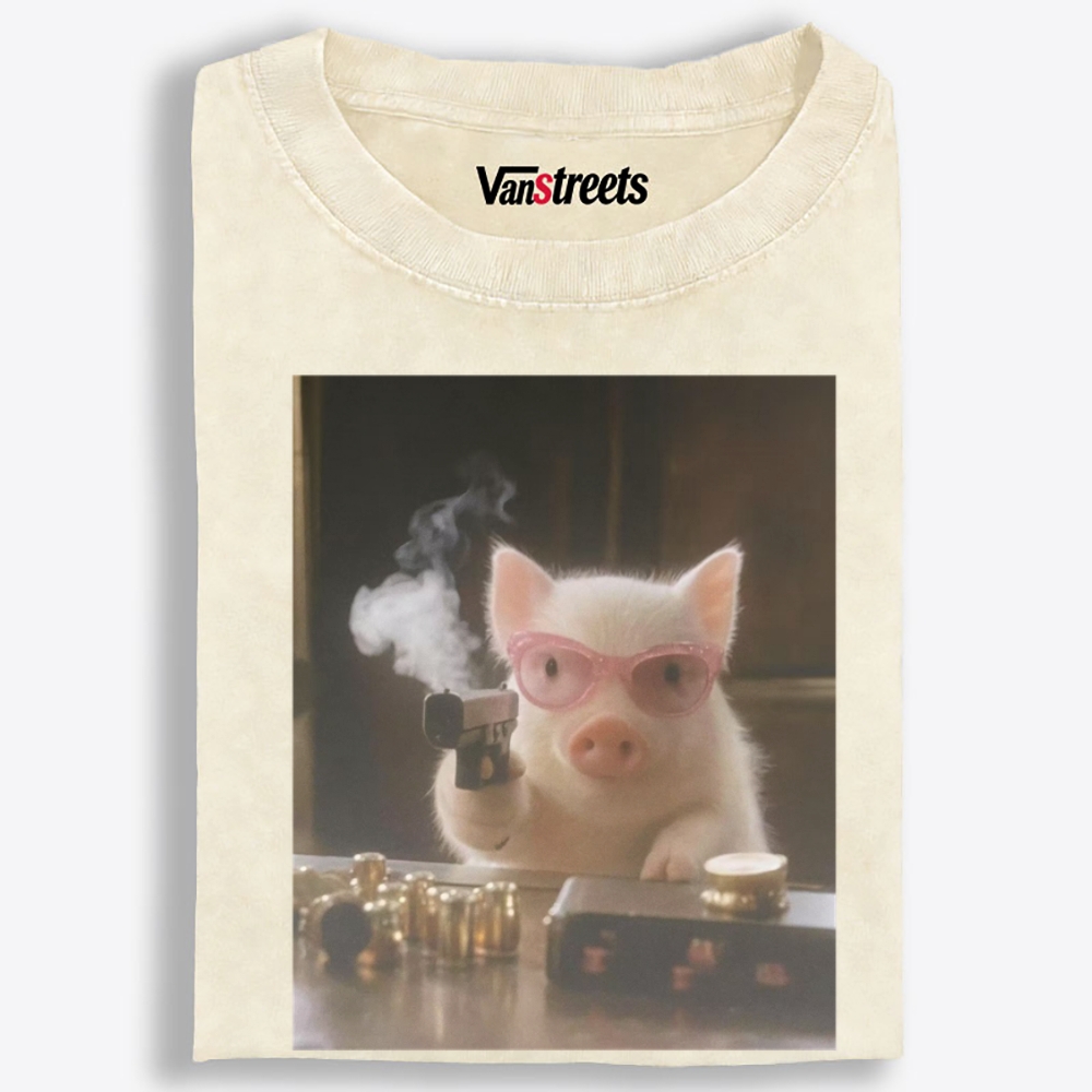 Pink Shades Gun Pig Retro Washed T-Shirt | 100% Cotton | Streetwear Essential