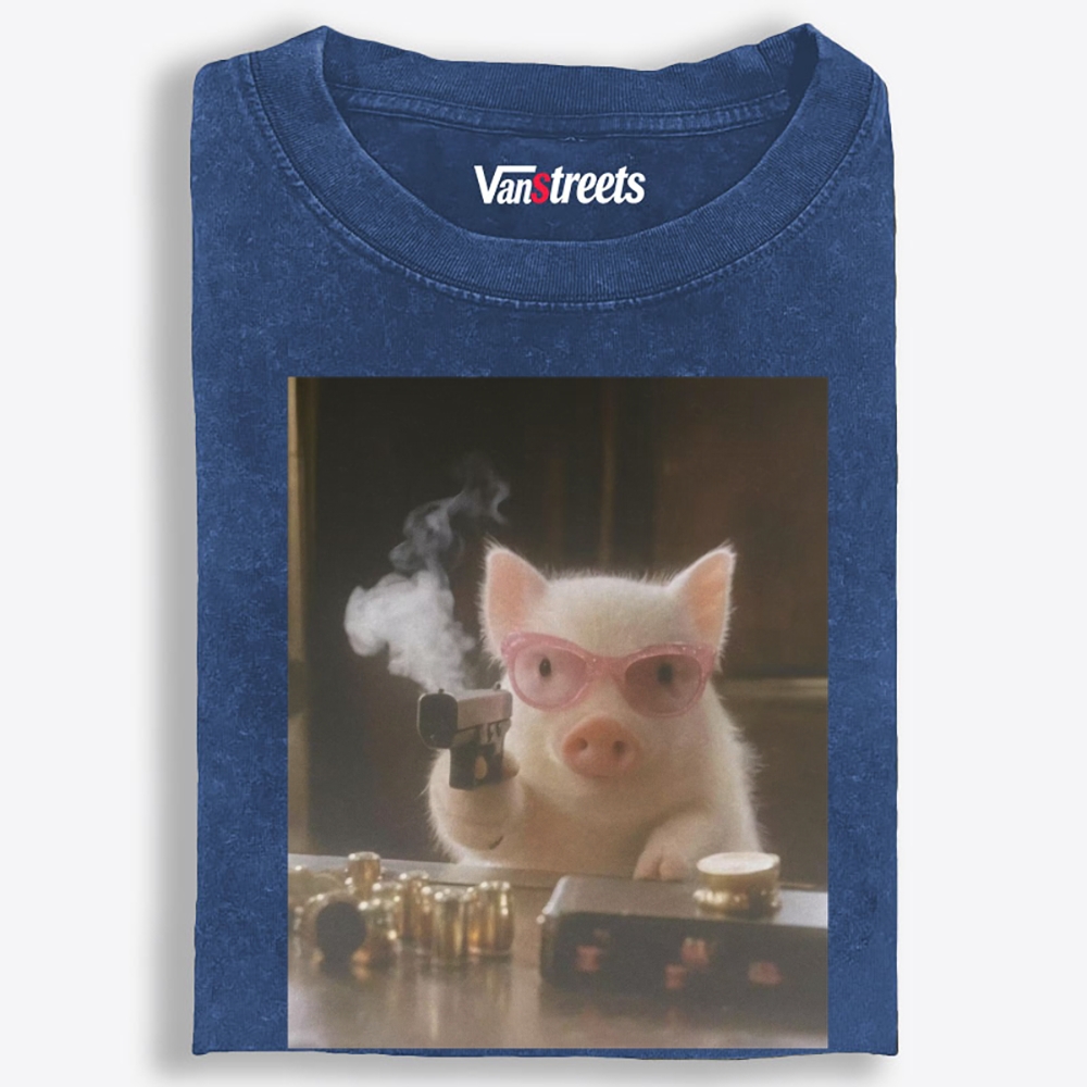 Pink Shades Gun Pig Retro Washed T-Shirt | 100% Cotton | Streetwear Essential