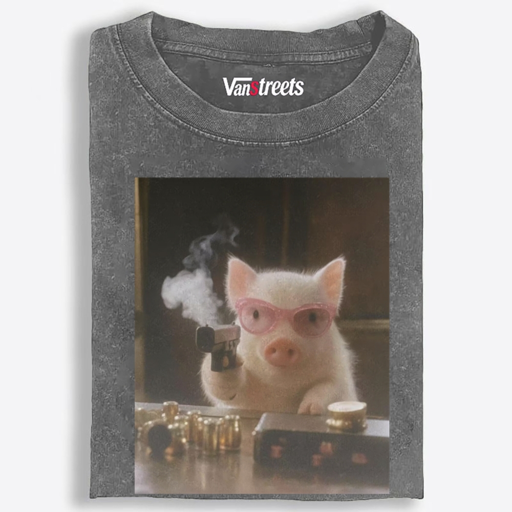 Pink Shades Gun Pig Retro Washed T-Shirt | 100% Cotton | Streetwear Essential