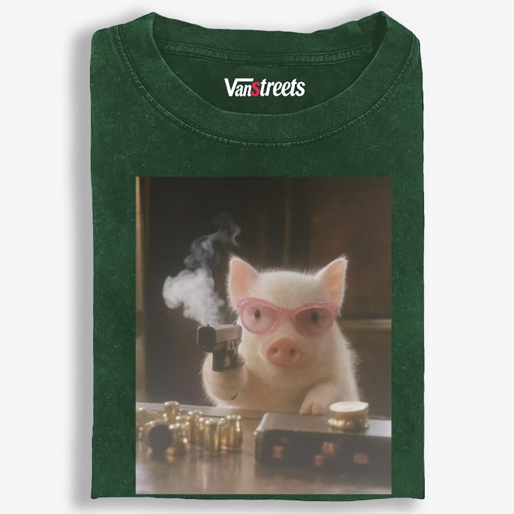 Pink Shades Gun Pig Retro Washed T-Shirt | 100% Cotton | Streetwear Essential