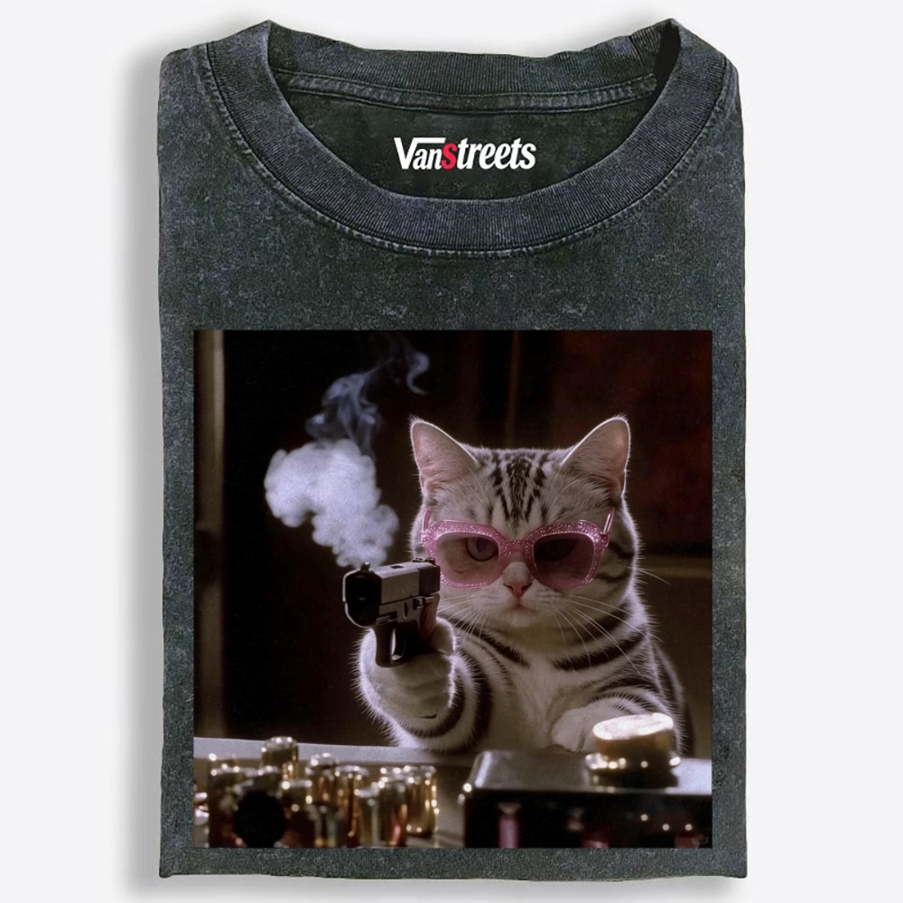 Smoking Gun Cat Retro Washed T-Shirt | 100% Cotton | Streetwear Essential