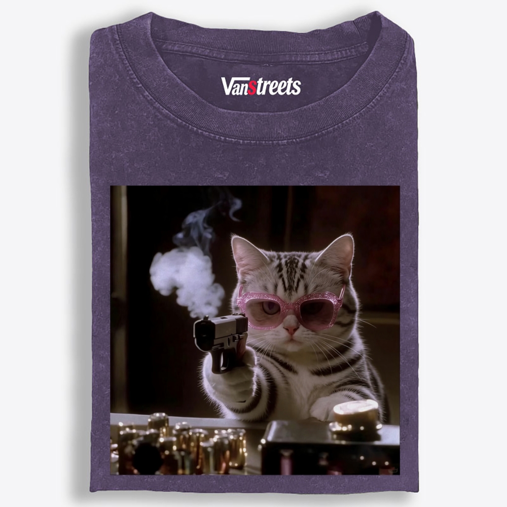 Smoking Gun Cat Retro Washed T-Shirt | 100% Cotton | Streetwear Essential