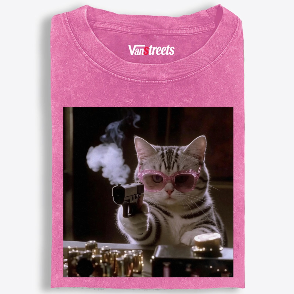 Smoking Gun Cat Retro Washed T-Shirt | 100% Cotton | Streetwear Essential