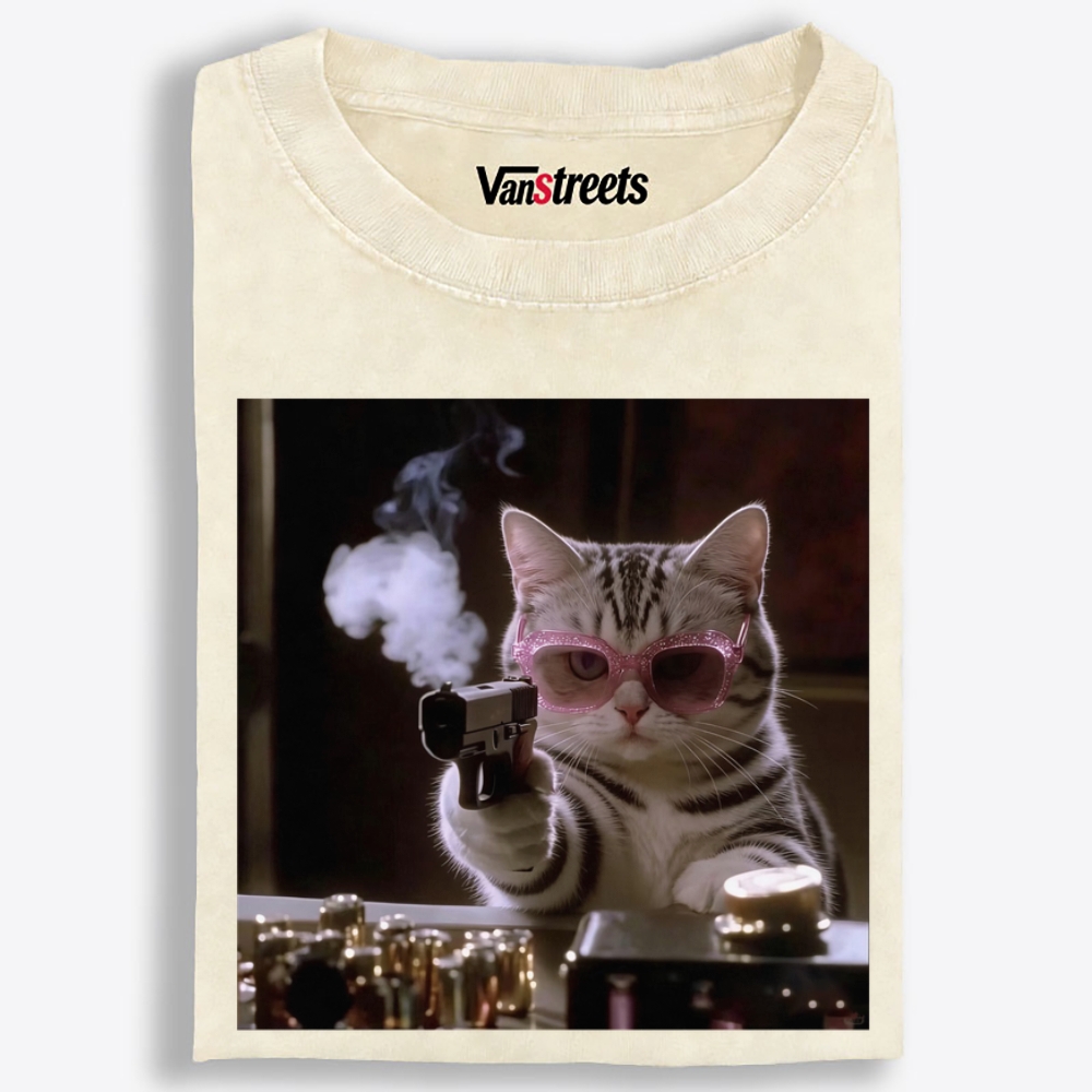 Smoking Gun Cat Retro Washed T-Shirt | 100% Cotton | Streetwear Essential