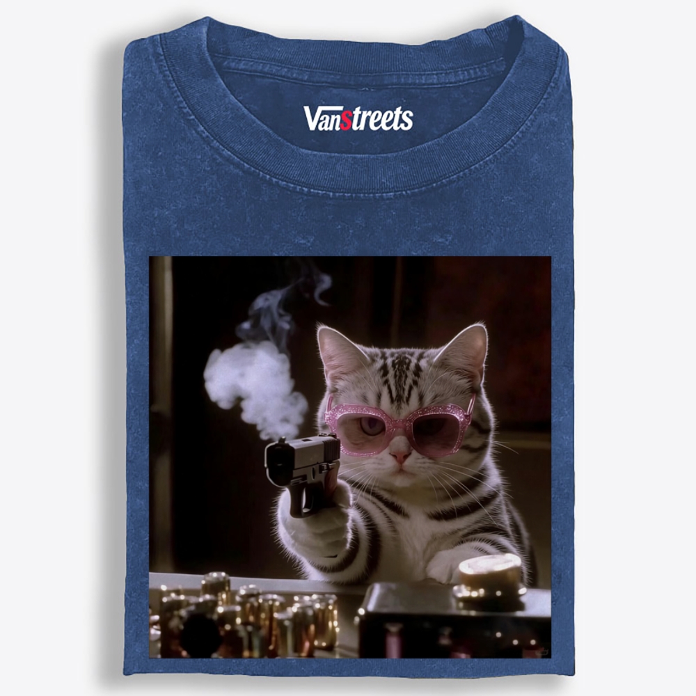 Smoking Gun Cat Retro Washed T-Shirt | 100% Cotton | Streetwear Essential