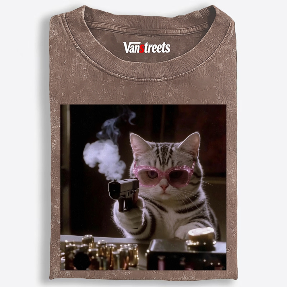 Smoking Gun Cat Retro Washed T-Shirt | 100% Cotton | Streetwear Essential