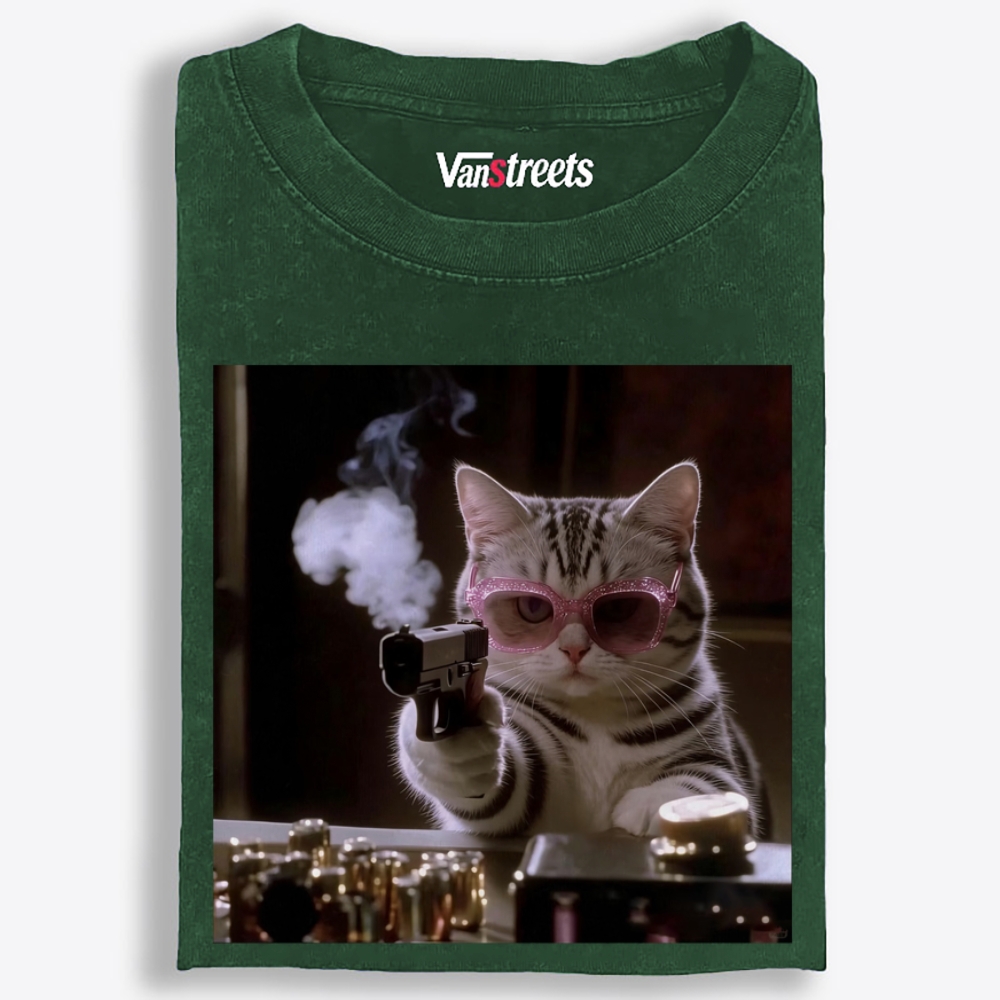 Smoking Gun Cat Retro Washed T-Shirt | 100% Cotton | Streetwear Essential