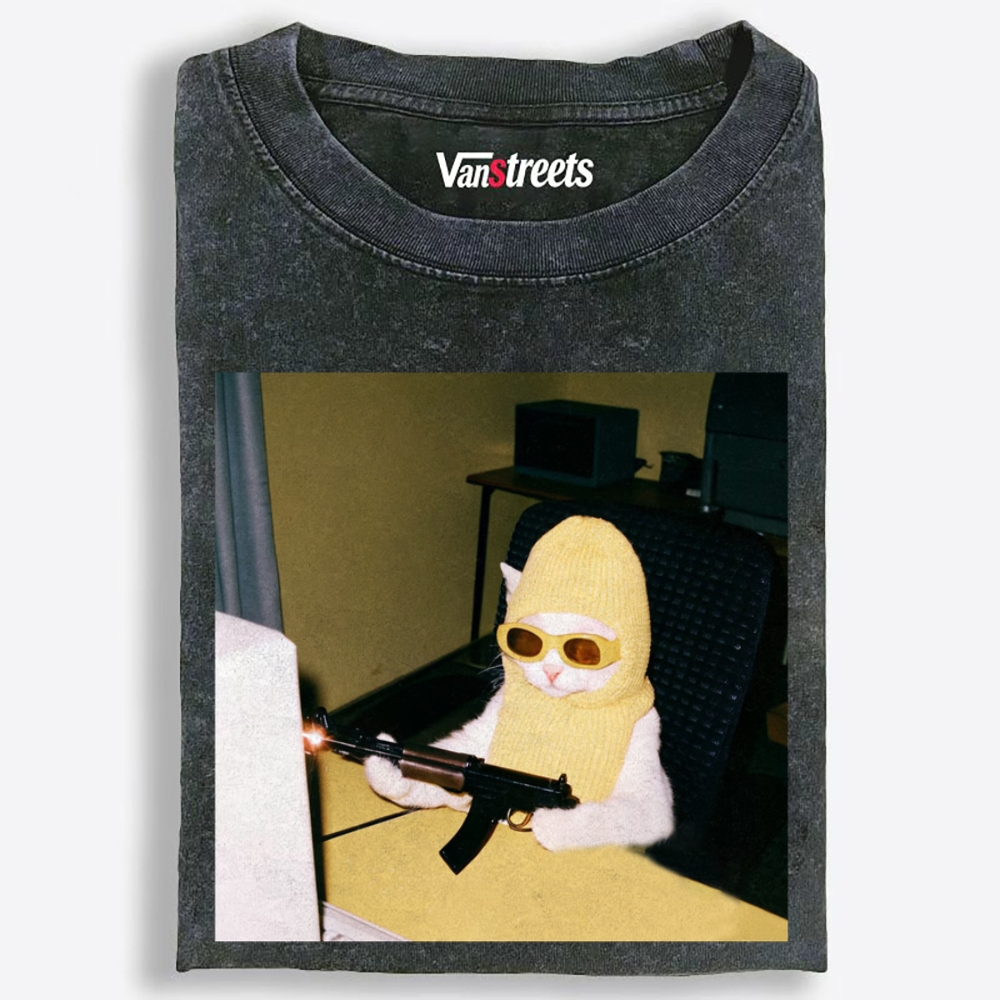 Balaclava Gun Cat Retro Washed T-Shirt | 100% Cotton | Streetwear Essential