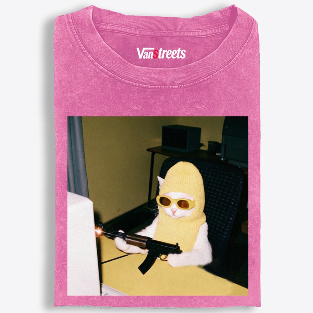 Balaclava Gun Cat Retro Washed T-Shirt | 100% Cotton | Streetwear Essential