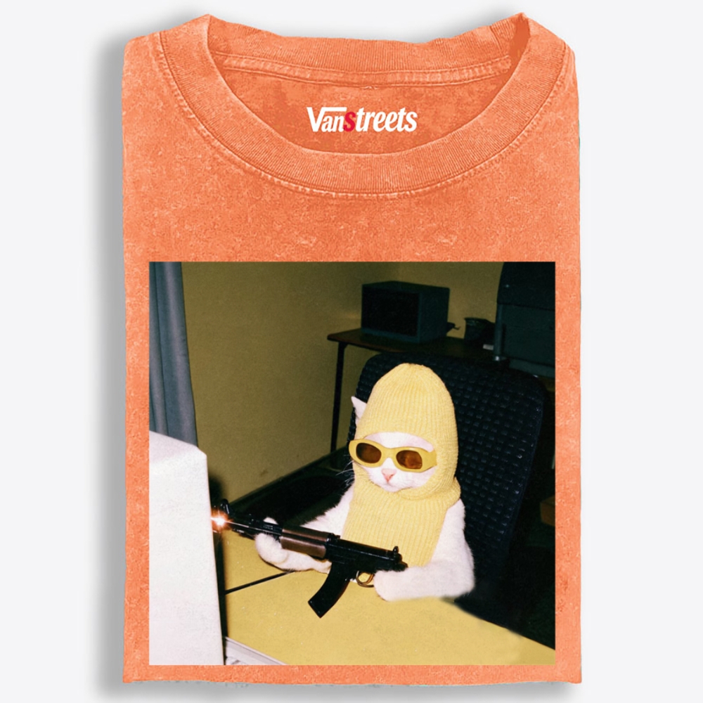 Balaclava Gun Cat Retro Washed T-Shirt | 100% Cotton | Streetwear Essential