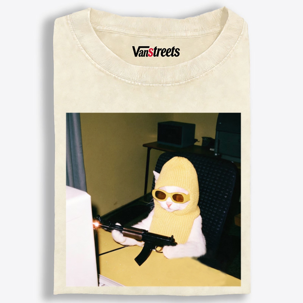 Balaclava Gun Cat Retro Washed T-Shirt | 100% Cotton | Streetwear Essential