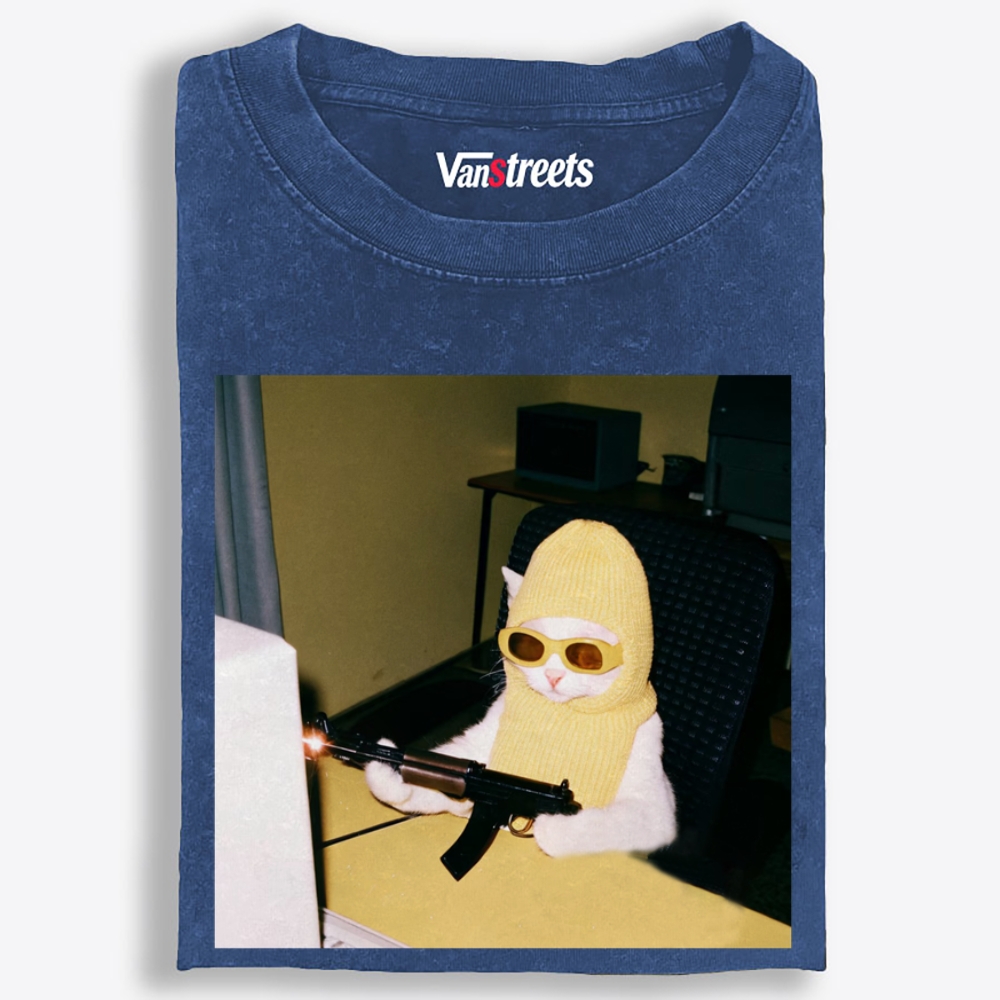 Balaclava Gun Cat Retro Washed T-Shirt | 100% Cotton | Streetwear Essential