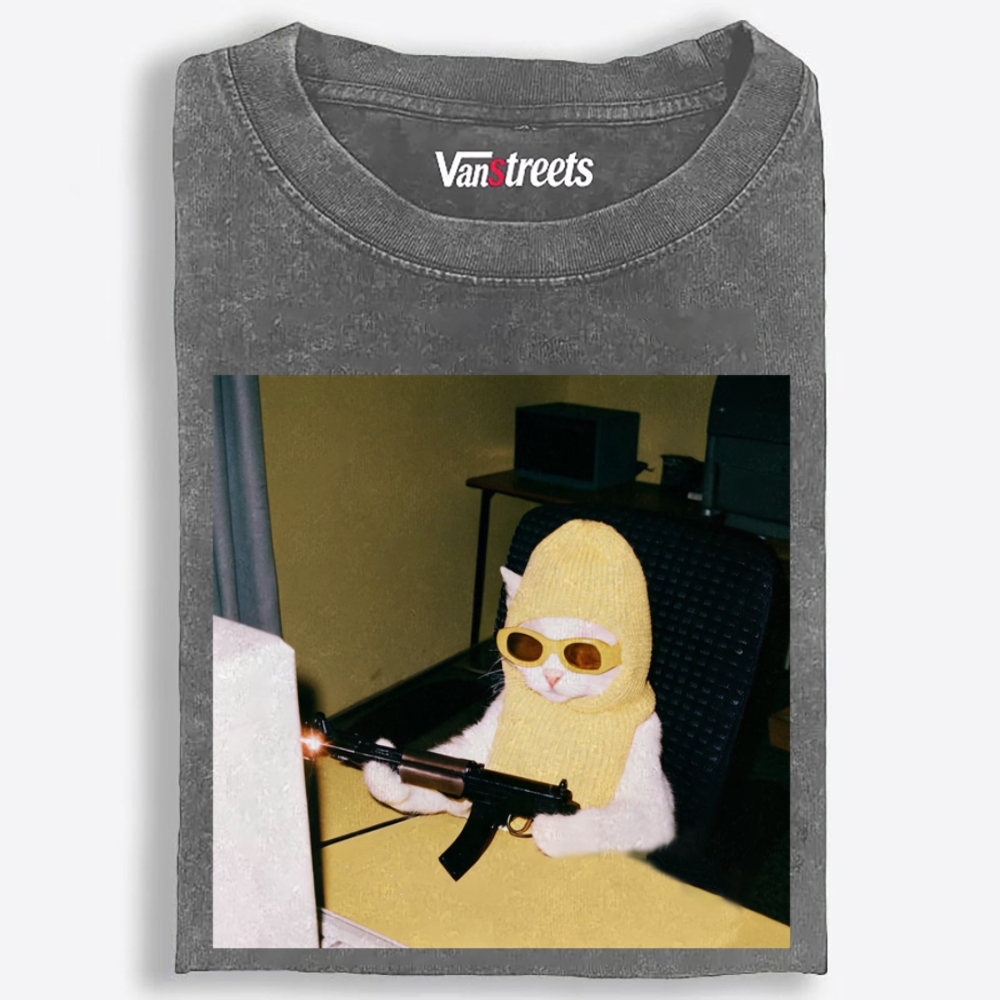 Balaclava Gun Cat Retro Washed T-Shirt | 100% Cotton | Streetwear Essential