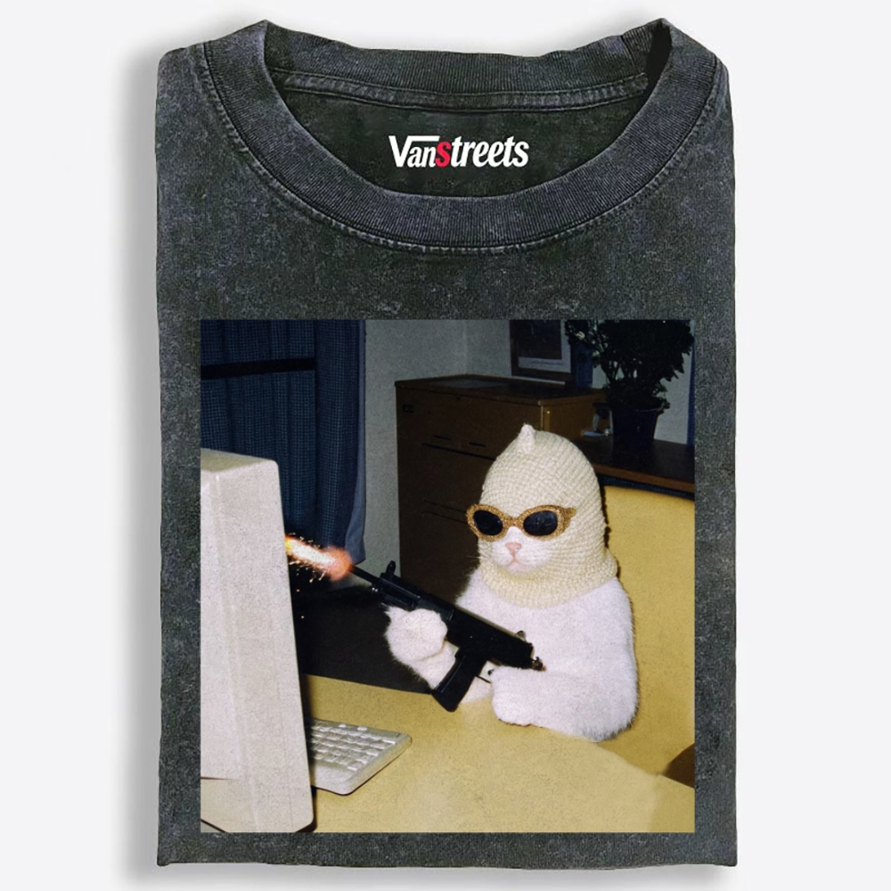 Balaclava Gun Cat Retro Washed T-Shirt | 100% Cotton | Streetwear Essential