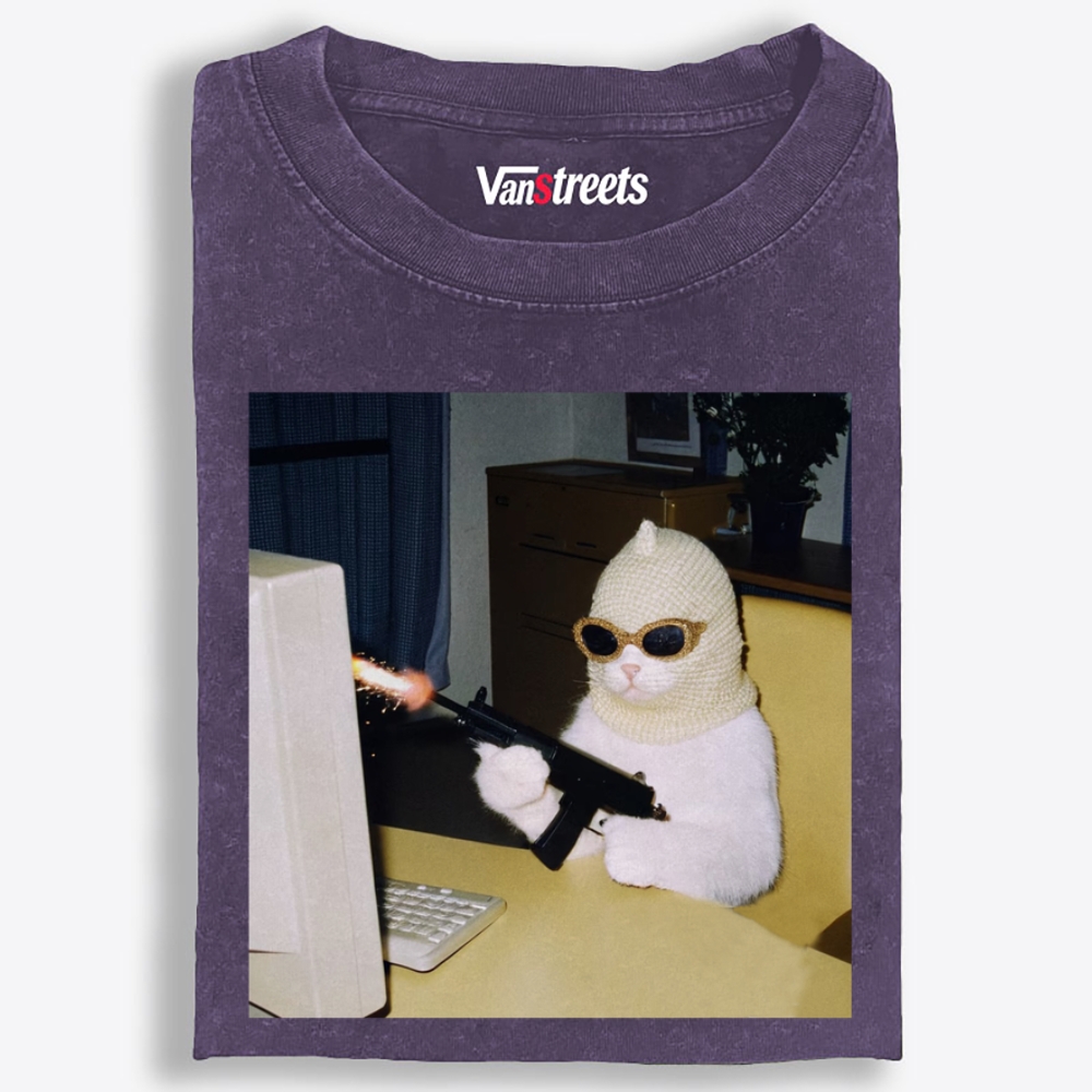 Balaclava Gun Cat Retro Washed T-Shirt | 100% Cotton | Streetwear Essential