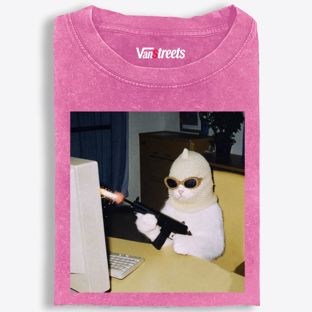Balaclava Gun Cat Retro Washed T-Shirt | 100% Cotton | Streetwear Essential