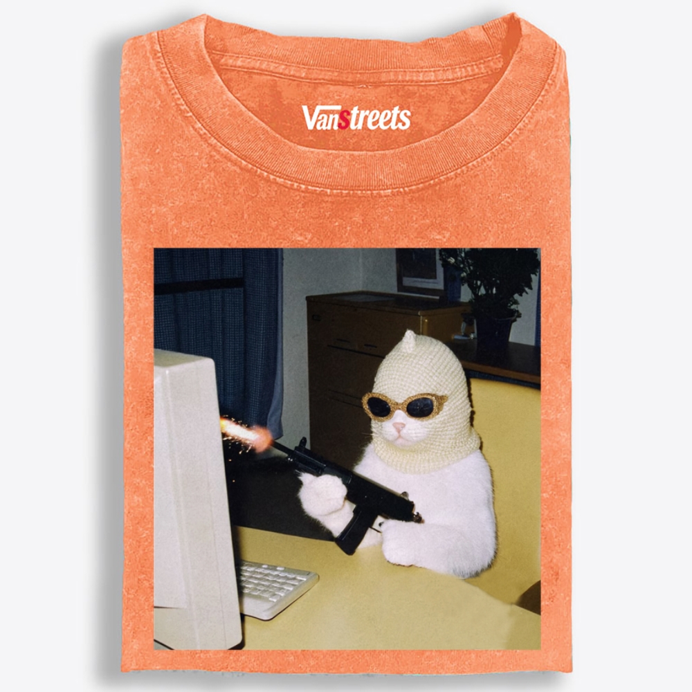 Balaclava Gun Cat Retro Washed T-Shirt | 100% Cotton | Streetwear Essential