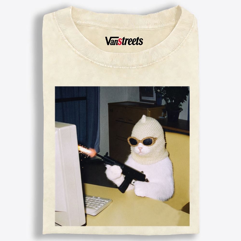 Balaclava Gun Cat Retro Washed T-Shirt | 100% Cotton | Streetwear Essential